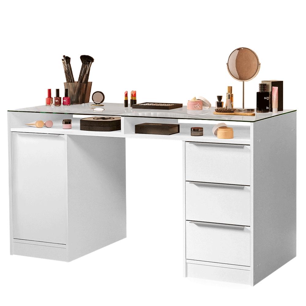 Escrivaninha Penteadeira 136cm 1 Porta 3 Gavetas Tampo de Vidro Branco Madesa