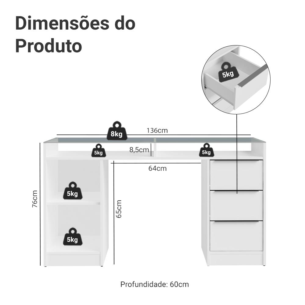 Escrivaninha Penteadeira 136cm 1 Porta 3 Gavetas Tampo de Vidro Branco Madesa