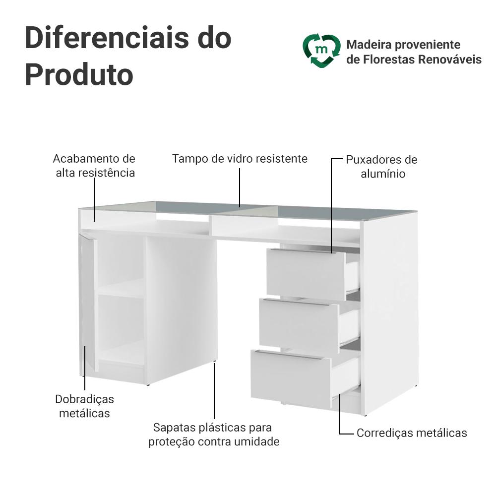 Escrivaninha Penteadeira 136cm 1 Porta 3 Gavetas Tampo de Vidro Branco Madesa