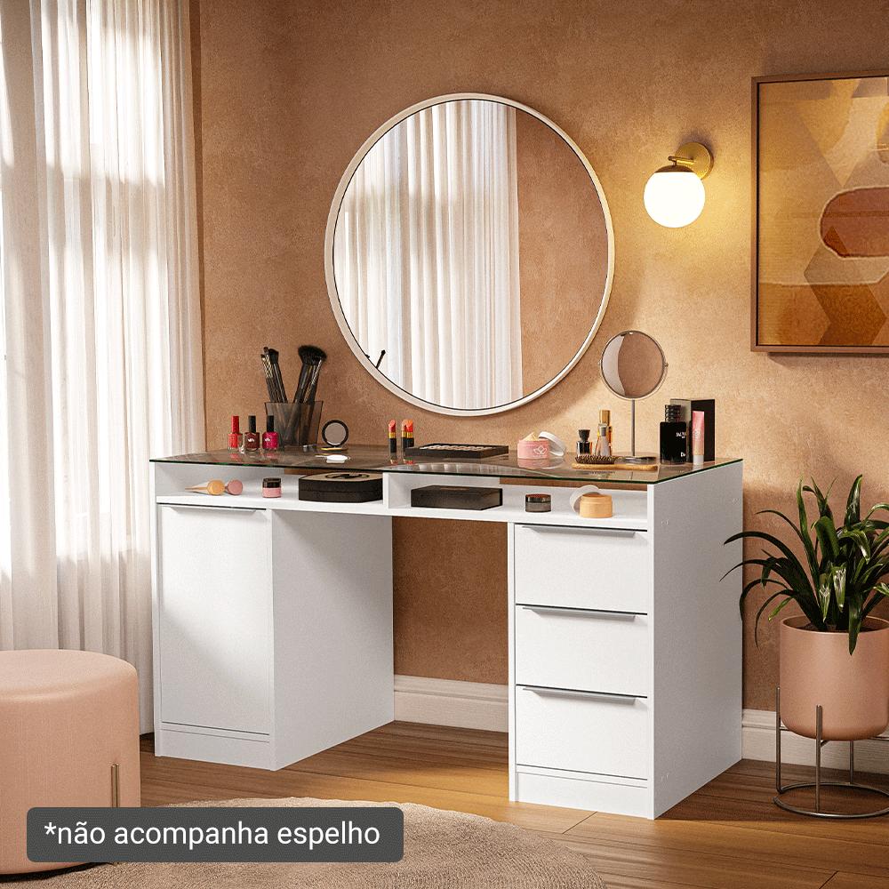 Escrivaninha Penteadeira 136cm 1 Porta 3 Gavetas Tampo de Vidro Branco Madesa
