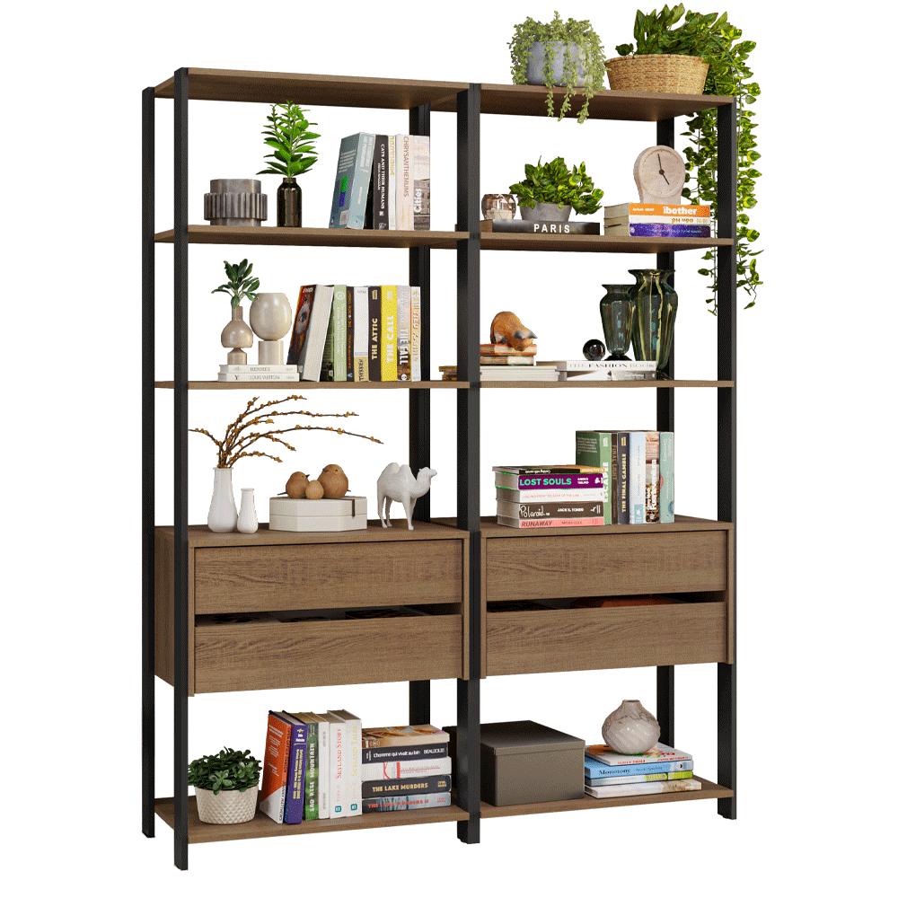 Estante Armário Multiuso para Livros 4 Gavetas 8 prateleiras 140cm Rustic/Preto Madesa