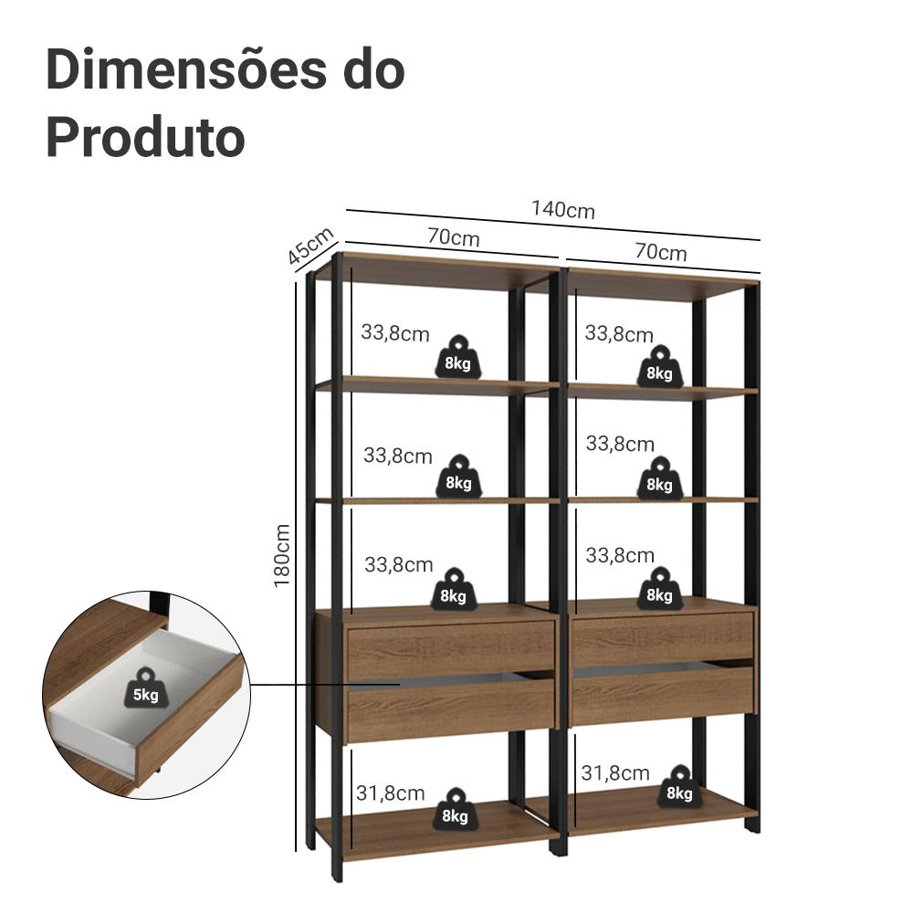Estante Armário Multiuso para Livros 4 Gavetas 8 prateleiras 140cm Rustic/Preto Madesa