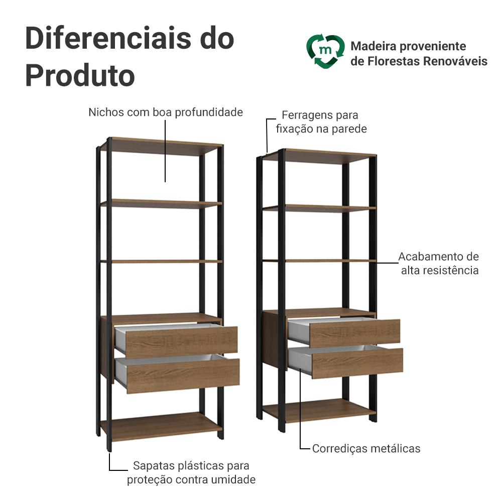 Estante Armário Multiuso para Livros 4 Gavetas 8 prateleiras 140cm Rustic/Preto Madesa