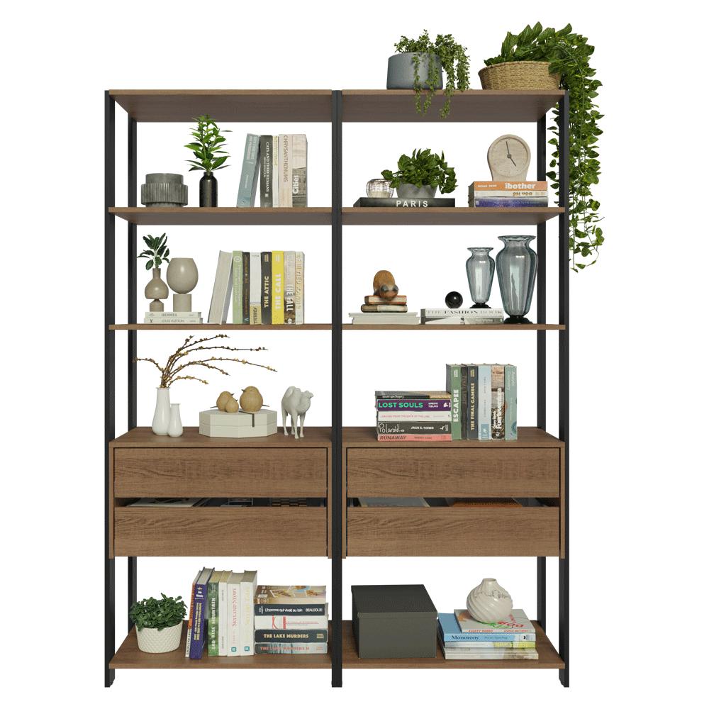 Estante Armário Multiuso para Livros 4 Gavetas 8 prateleiras 140cm Rustic/Preto Madesa