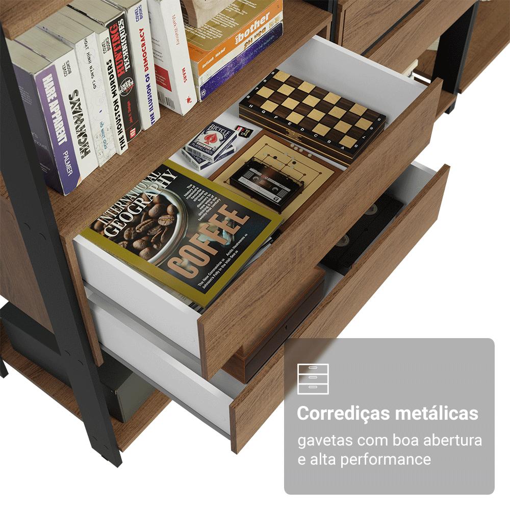 Estante Armário Multiuso para Livros 4 Gavetas 8 prateleiras 140cm Rustic/Preto Madesa