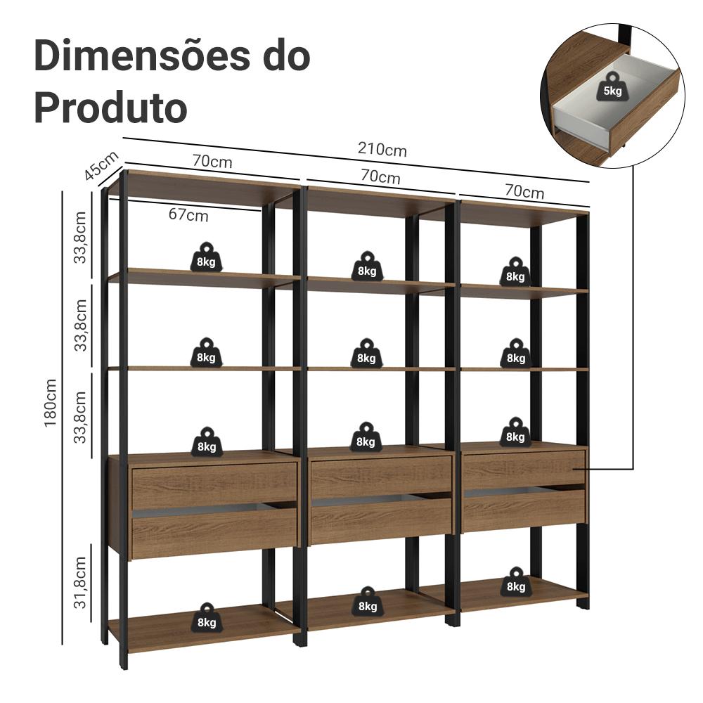 Estante Armário Multiuso para Livros 6 Gavetas 12 prateleiras 210cm Rustic/Preto Madesa