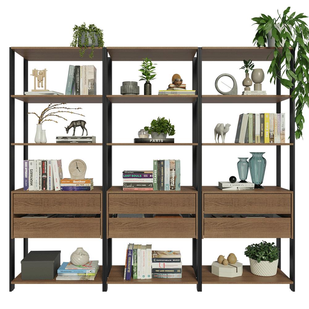Estante Armário Multiuso para Livros 6 Gavetas 12 prateleiras 210cm Rustic/Preto Madesa
