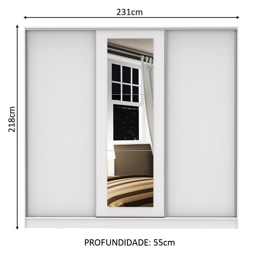 Guarda Roupa Casal 100% MDF Madesa Eros 3 Portas de Correr com Espelho - Branco