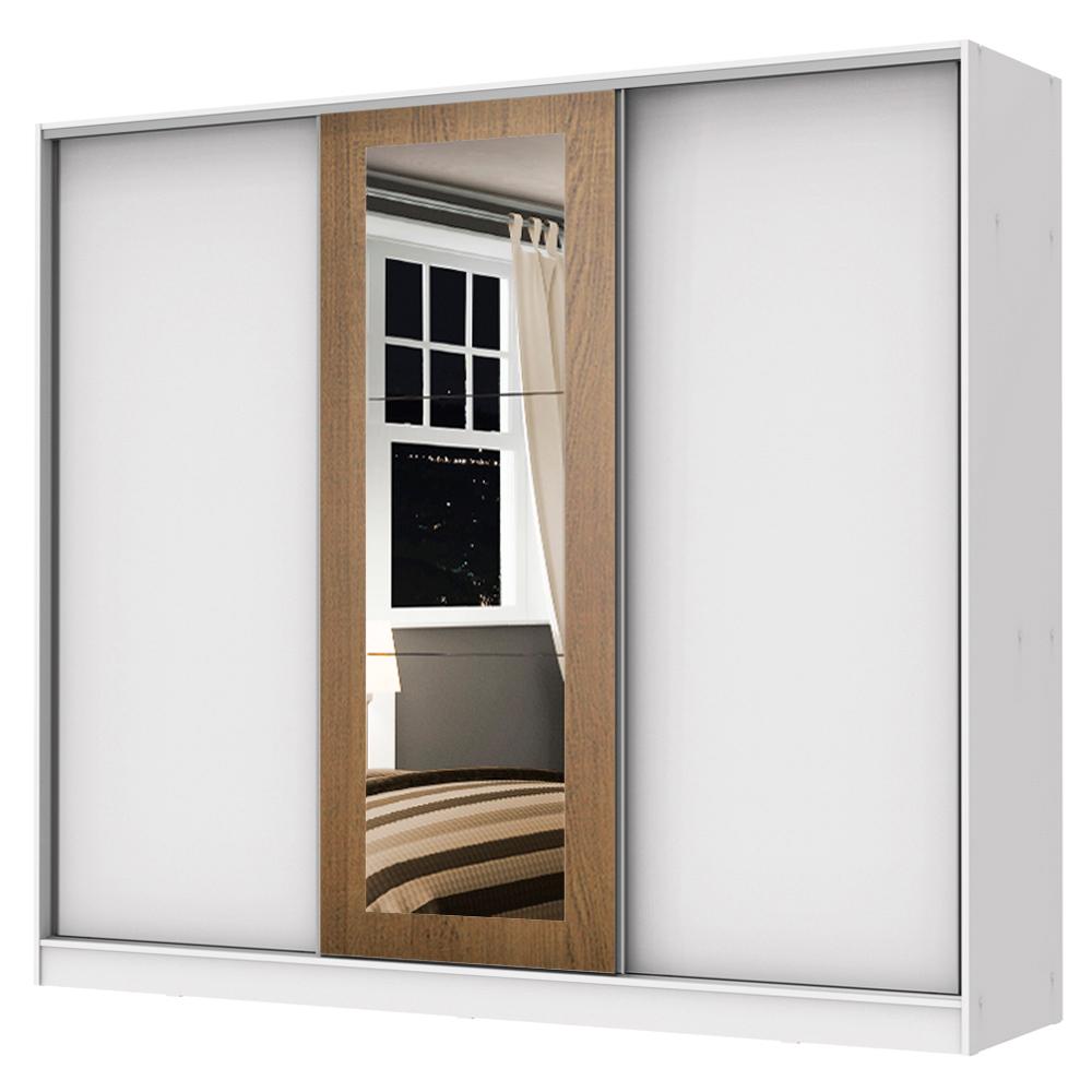 Guarda Roupa Casal 100% MDF Madesa Eros 3 Portas de Correr com Espelho - Branco/Branco/Rustic