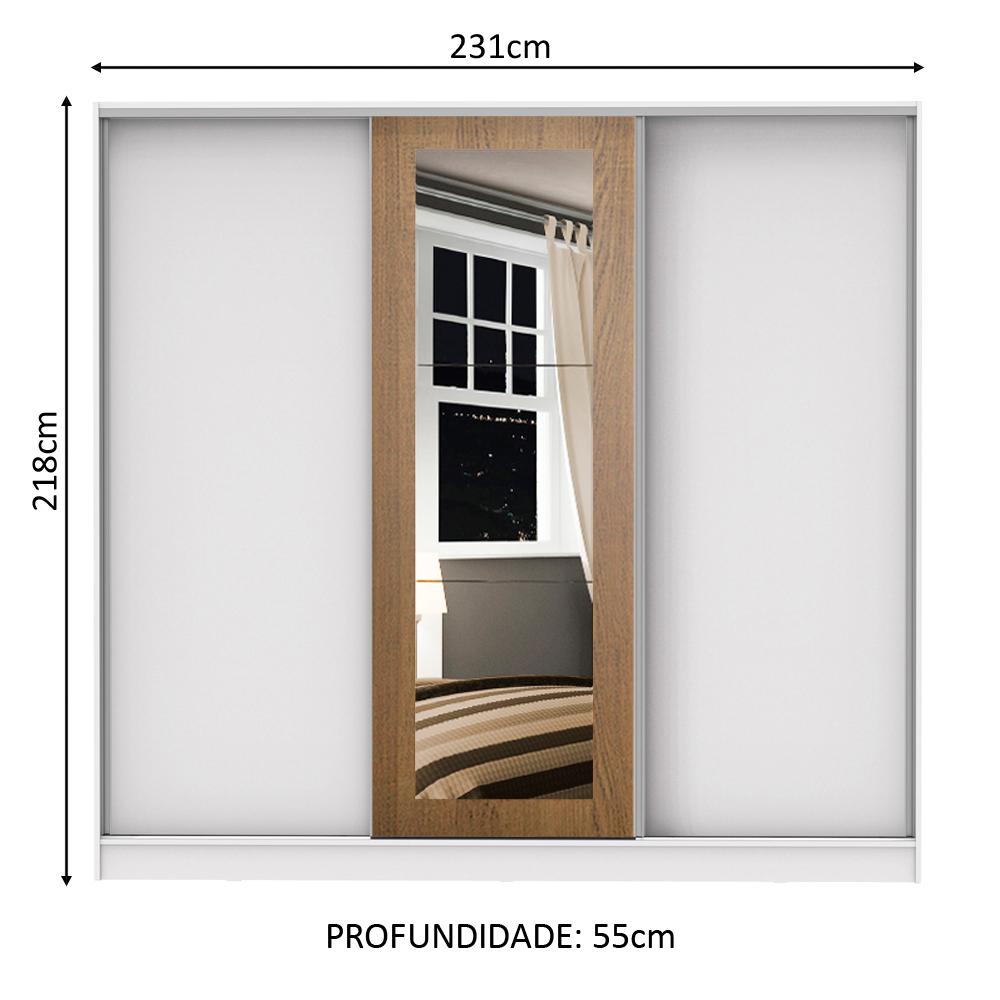 Guarda Roupa Casal 100% MDF Madesa Eros 3 Portas de Correr com Espelho - Branco/Branco/Rustic