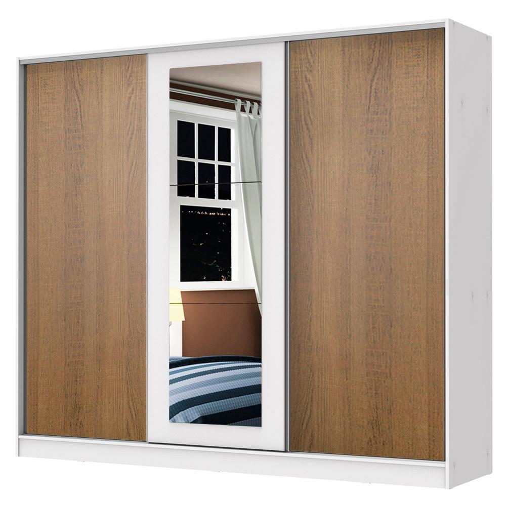 Guarda Roupa Casal 100% MDF Madesa Eros 3 Portas de Correr com Espelho - Branco/Rustic/Branco