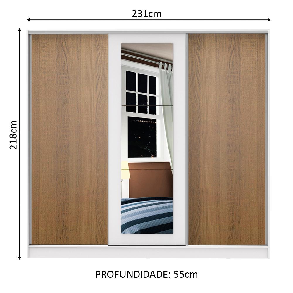 Guarda Roupa Casal 100% MDF Madesa Eros 3 Portas de Correr com Espelho - Branco/Rustic/Branco