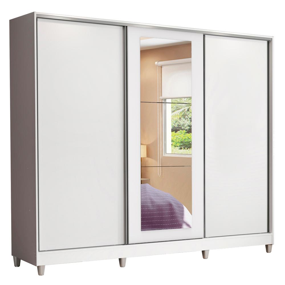 Guarda Roupa Casal 100% MDF Madesa Eros 3 Portas de Correr com Espelho com Pés - Branco