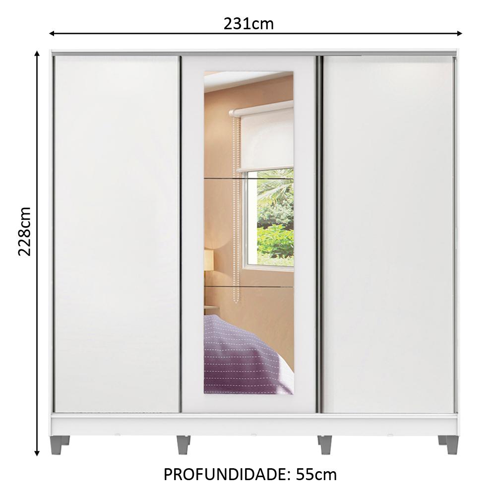 Guarda Roupa Casal 100% MDF Madesa Eros 3 Portas de Correr com Espelho com Pés - Branco