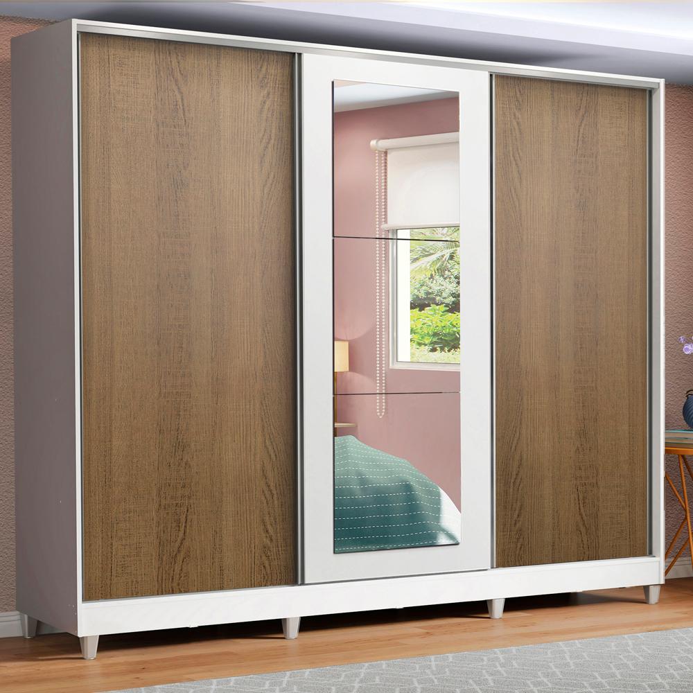 Guarda Roupa Casal 100% MDF Madesa Eros 3 Portas de Correr com Espelho com Pés - Branco/Rustic
