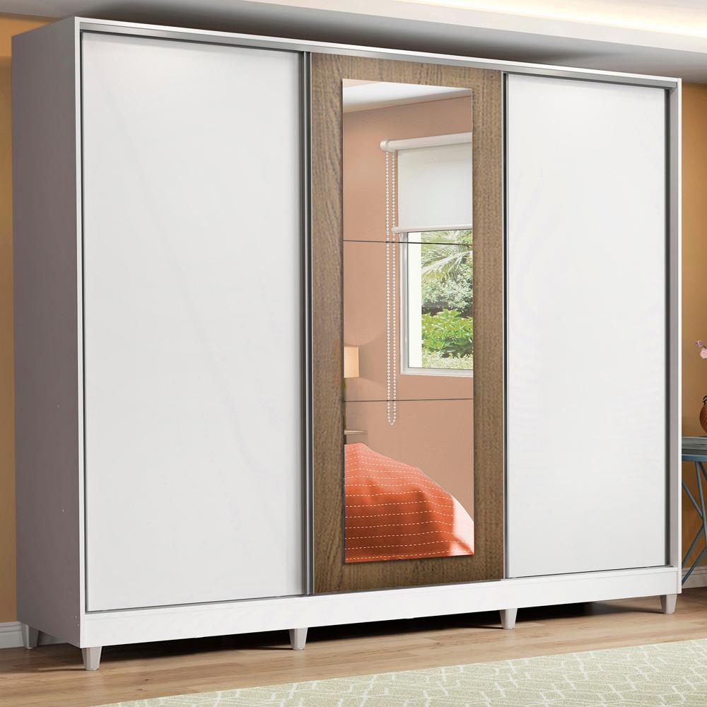 Guarda Roupa Casal 100% MDF Madesa Eros 3 Portas de Correr com Espelho com Pés - Branco/Rustic