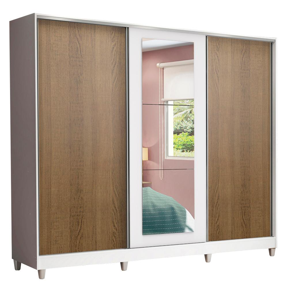 Guarda Roupa Casal 100% MDF Madesa Eros 3 Portas de Correr com Espelho com Pés - Branco/Rustic