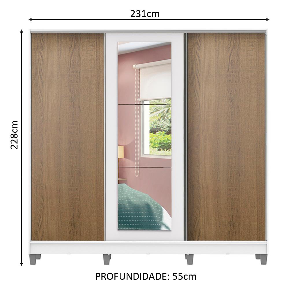 Guarda Roupa Casal 100% MDF Madesa Eros 3 Portas de Correr com Espelho com Pés - Branco/Rustic