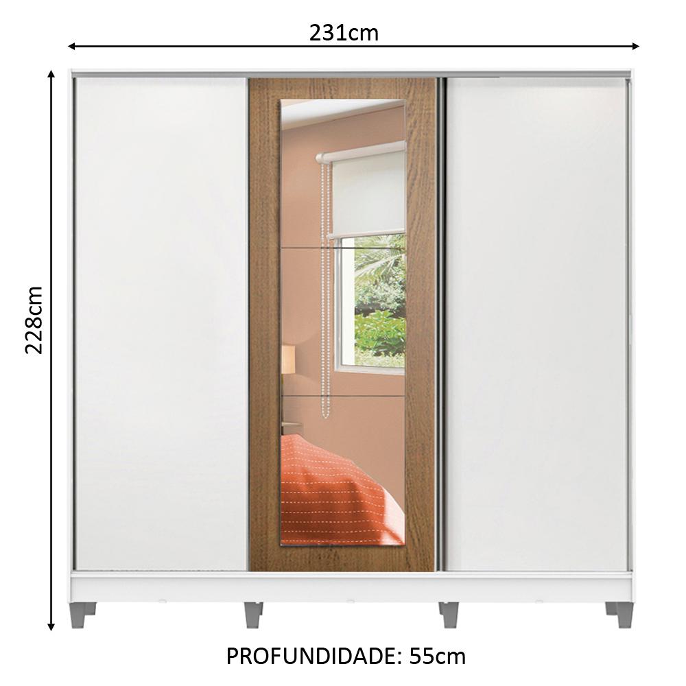 Guarda Roupa Casal 100% MDF Madesa Eros 3 Portas de Correr com Espelho com Pés - Branco/Rustic
