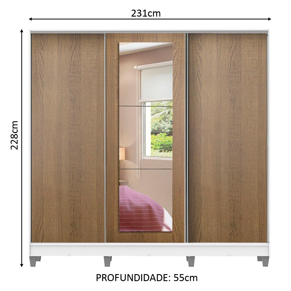 Guarda Roupa Casal 100% MDF Madesa Eros 3 Portas de Correr com Espelho com Pés - Branco/Rustic
