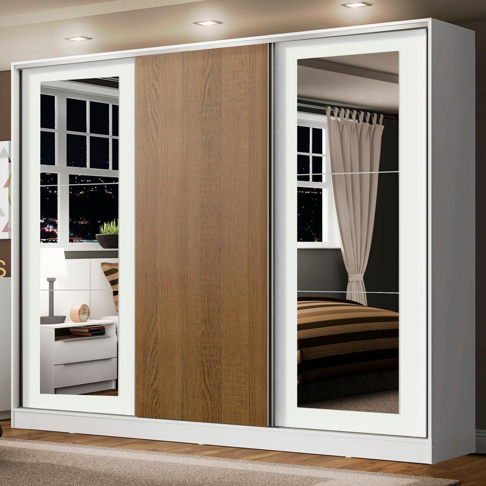 Guarda-Roupa Casal 100% MDF Madesa Eros 3 Portas de Correr com Espelhos - Branco/Branco/Rustic