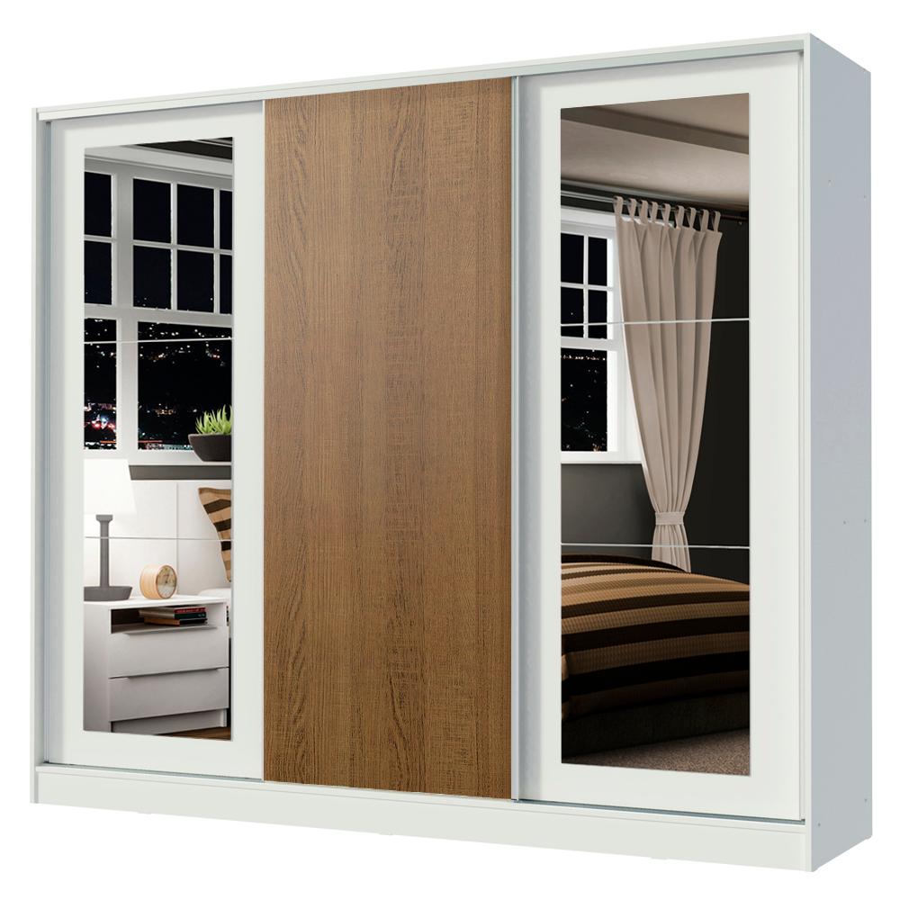 Guarda-Roupa Casal 100% MDF Madesa Eros 3 Portas de Correr com Espelhos - Branco/Branco/Rustic