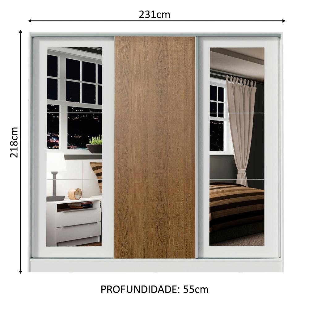 Guarda-Roupa Casal 100% MDF Madesa Eros 3 Portas de Correr com Espelhos - Branco/Branco/Rustic