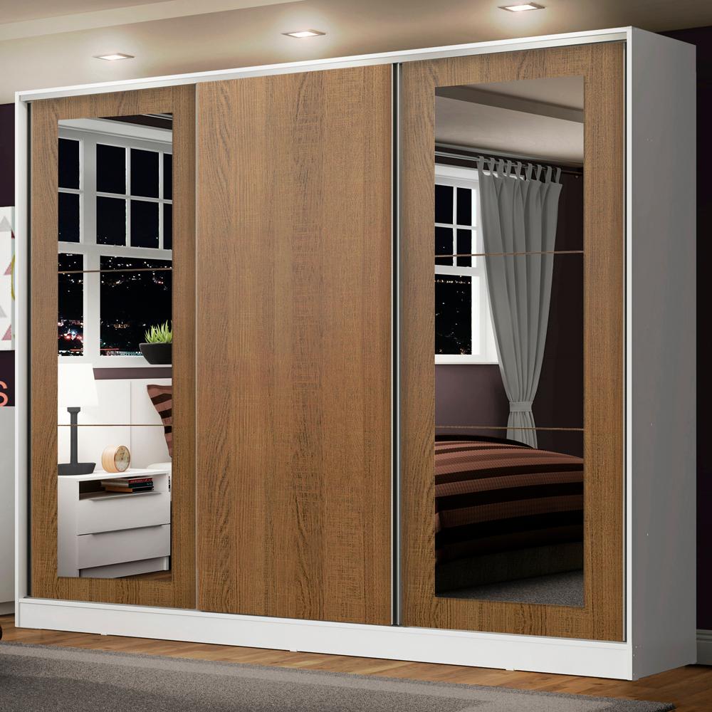 Guarda-Roupa Casal 100% MDF Madesa Eros 3 Portas de Correr com Espelhos - Branco/Rustic