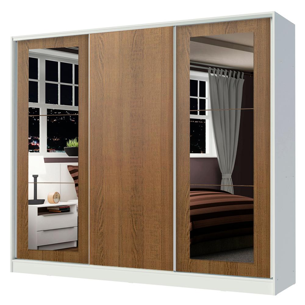 Guarda-Roupa Casal 100% MDF Madesa Eros 3 Portas de Correr com Espelhos - Branco/Rustic