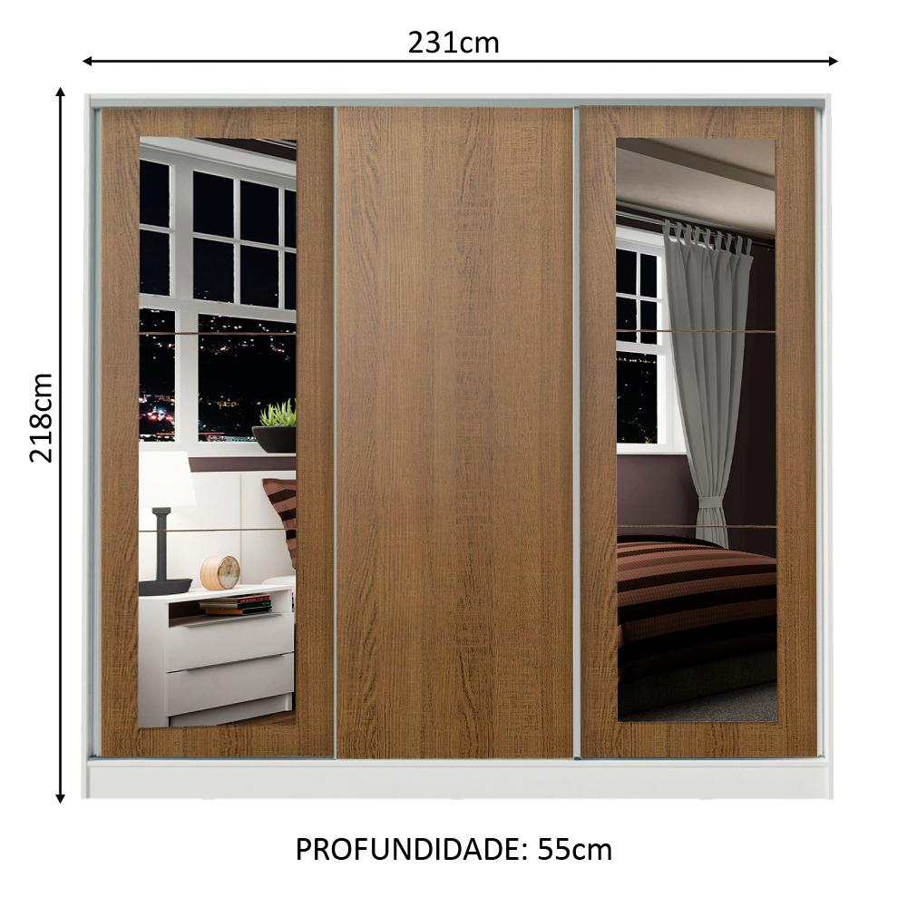 Guarda-Roupa Casal 100% MDF Madesa Eros 3 Portas de Correr com Espelhos - Branco/Rustic