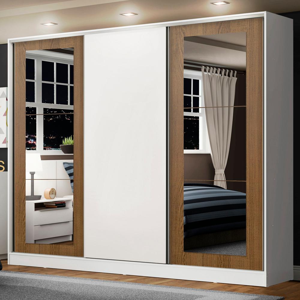 Guarda-Roupa Casal 100% MDF Madesa Eros 3 Portas de Correr com Espelhos - Branco/Rustic/Branco