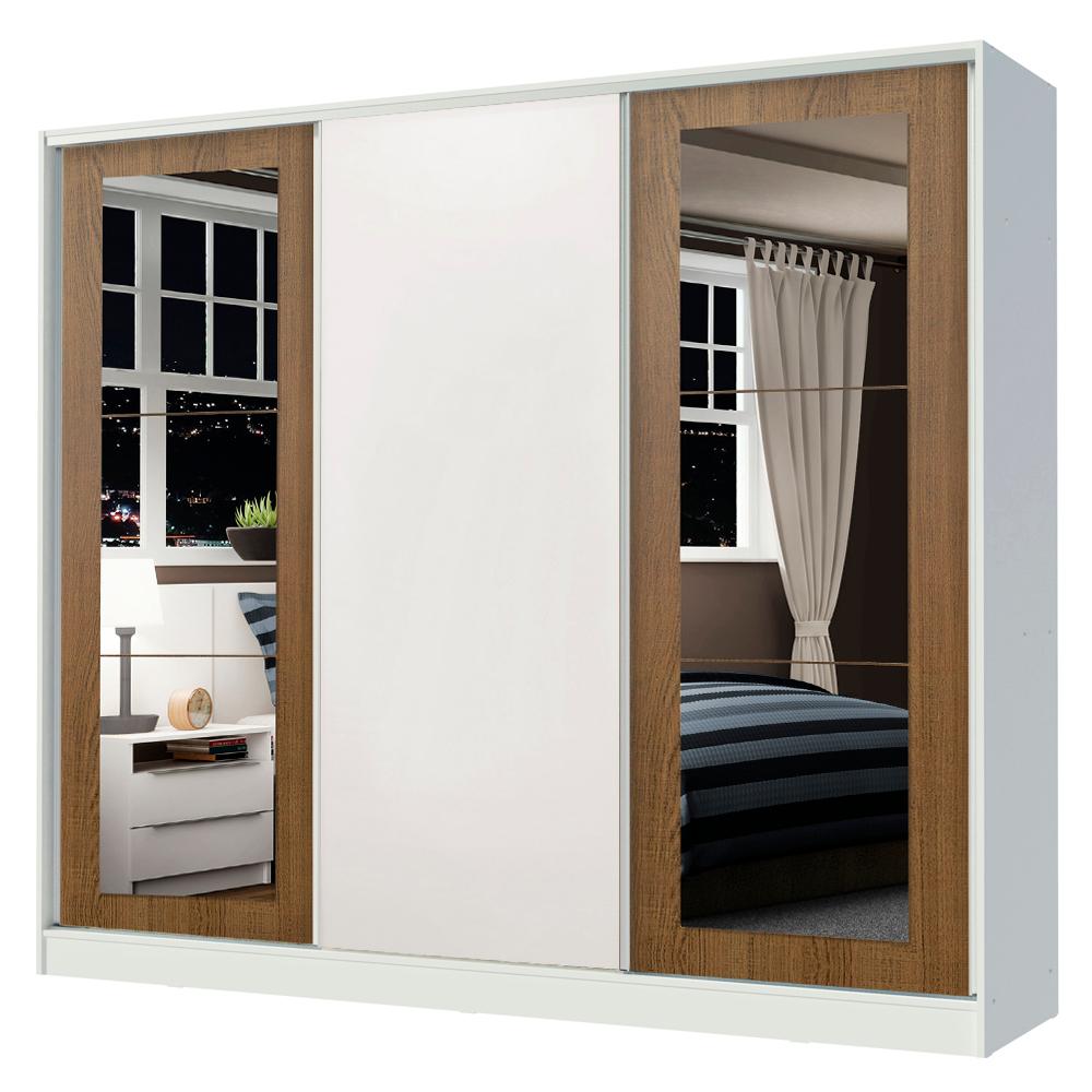 Guarda-Roupa Casal 100% MDF Madesa Eros 3 Portas de Correr com Espelhos - Branco/Rustic/Branco