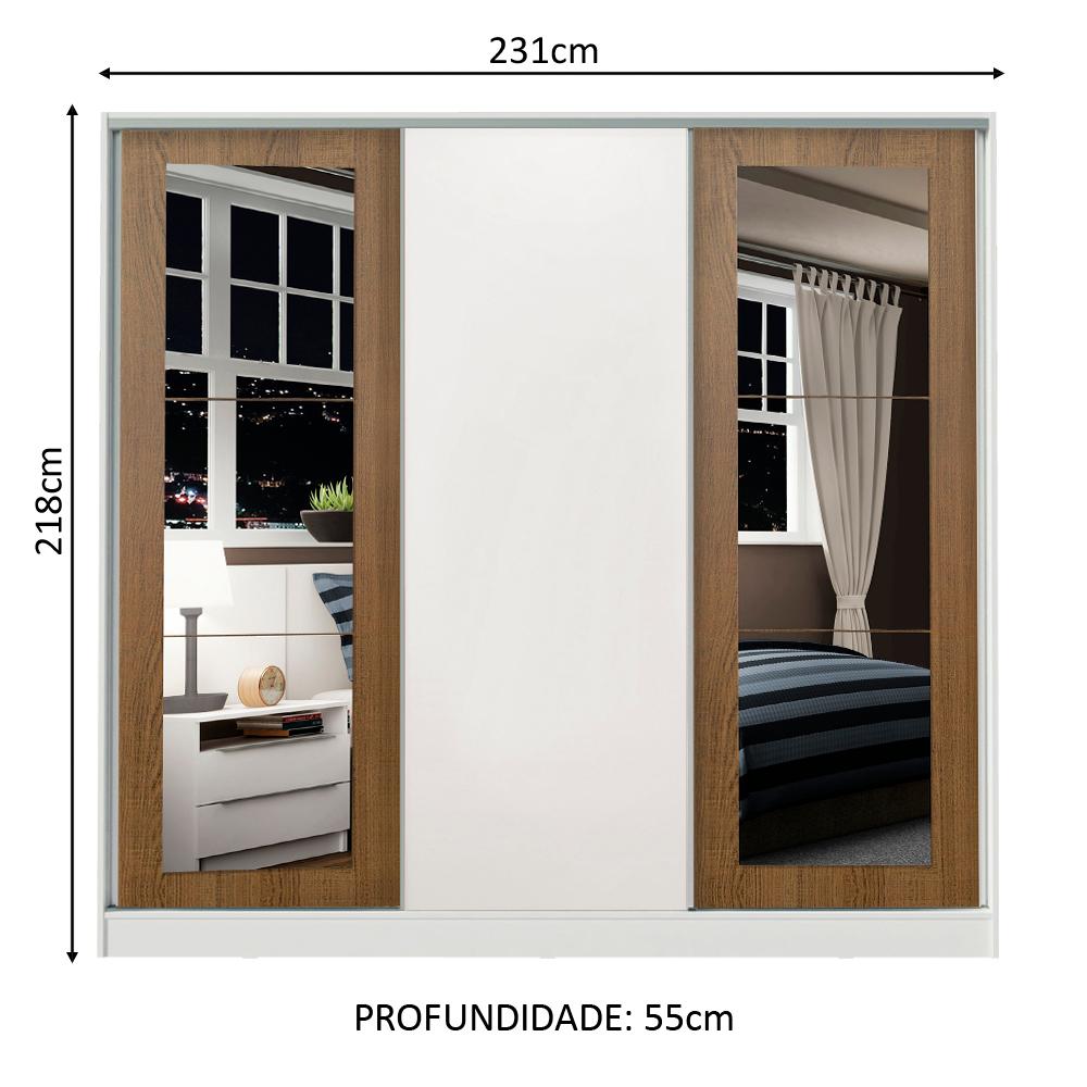 Guarda-Roupa Casal 100% MDF Madesa Eros 3 Portas de Correr com Espelhos - Branco/Rustic/Branco