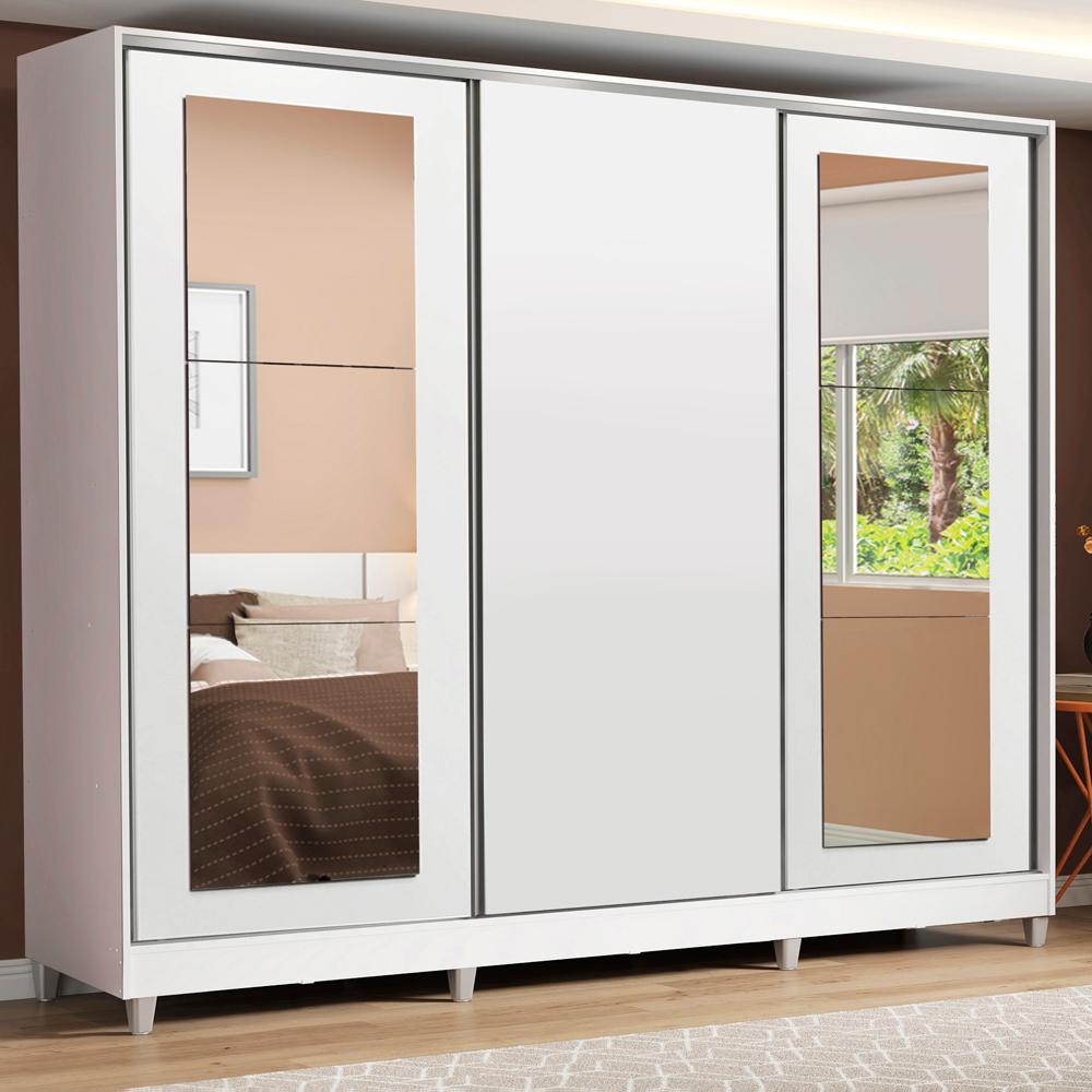 Guarda-Roupa Casal 100% MDF Madesa Eros 3 Portas de Correr com Espelhos com Pés - Branco