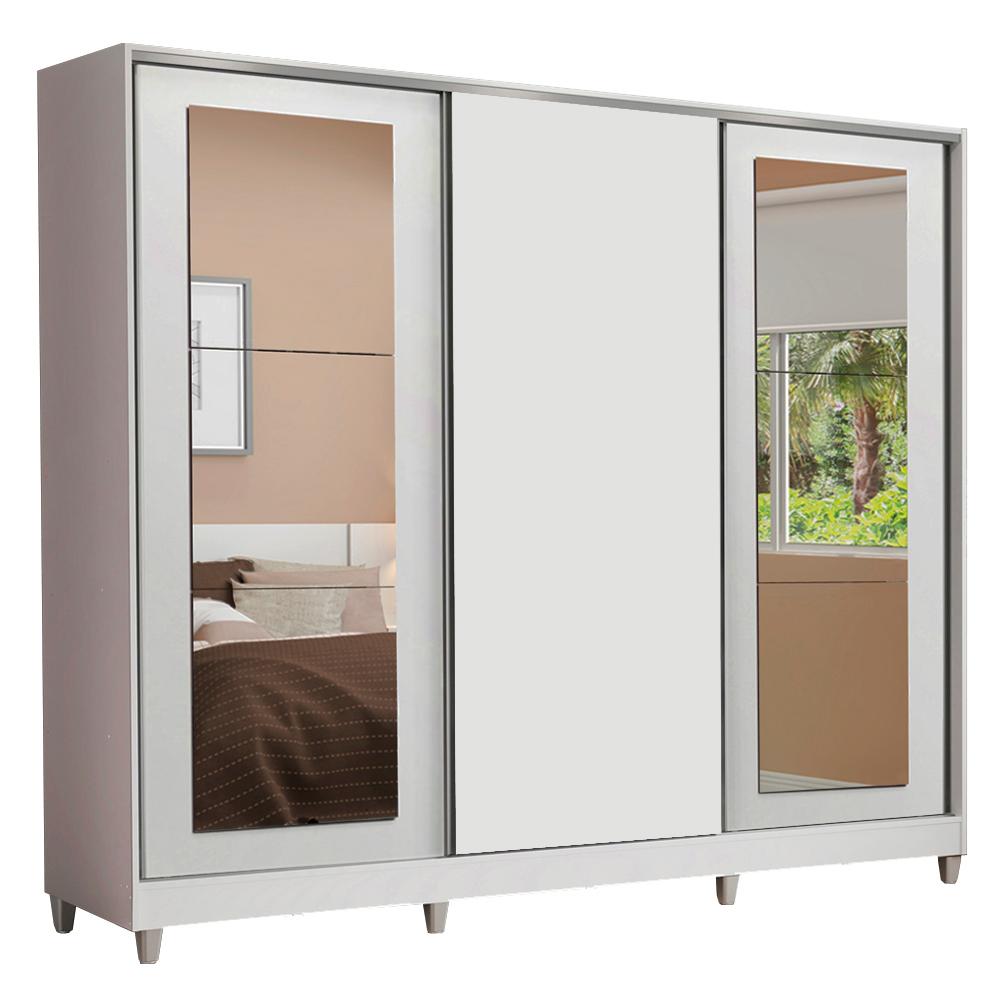 Guarda-Roupa Casal 100% MDF Madesa Eros 3 Portas de Correr com Espelhos com Pés - Branco