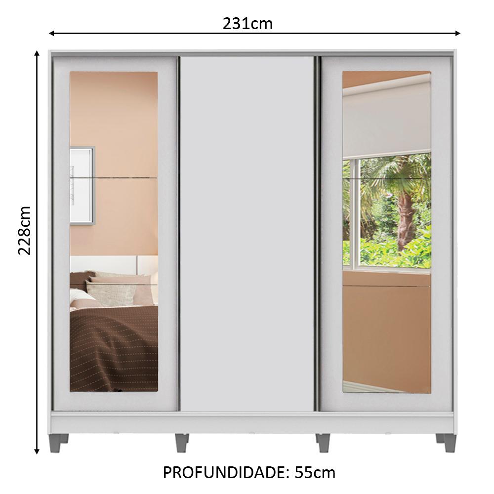 Guarda-Roupa Casal 100% MDF Madesa Eros 3 Portas de Correr com Espelhos com Pés - Branco