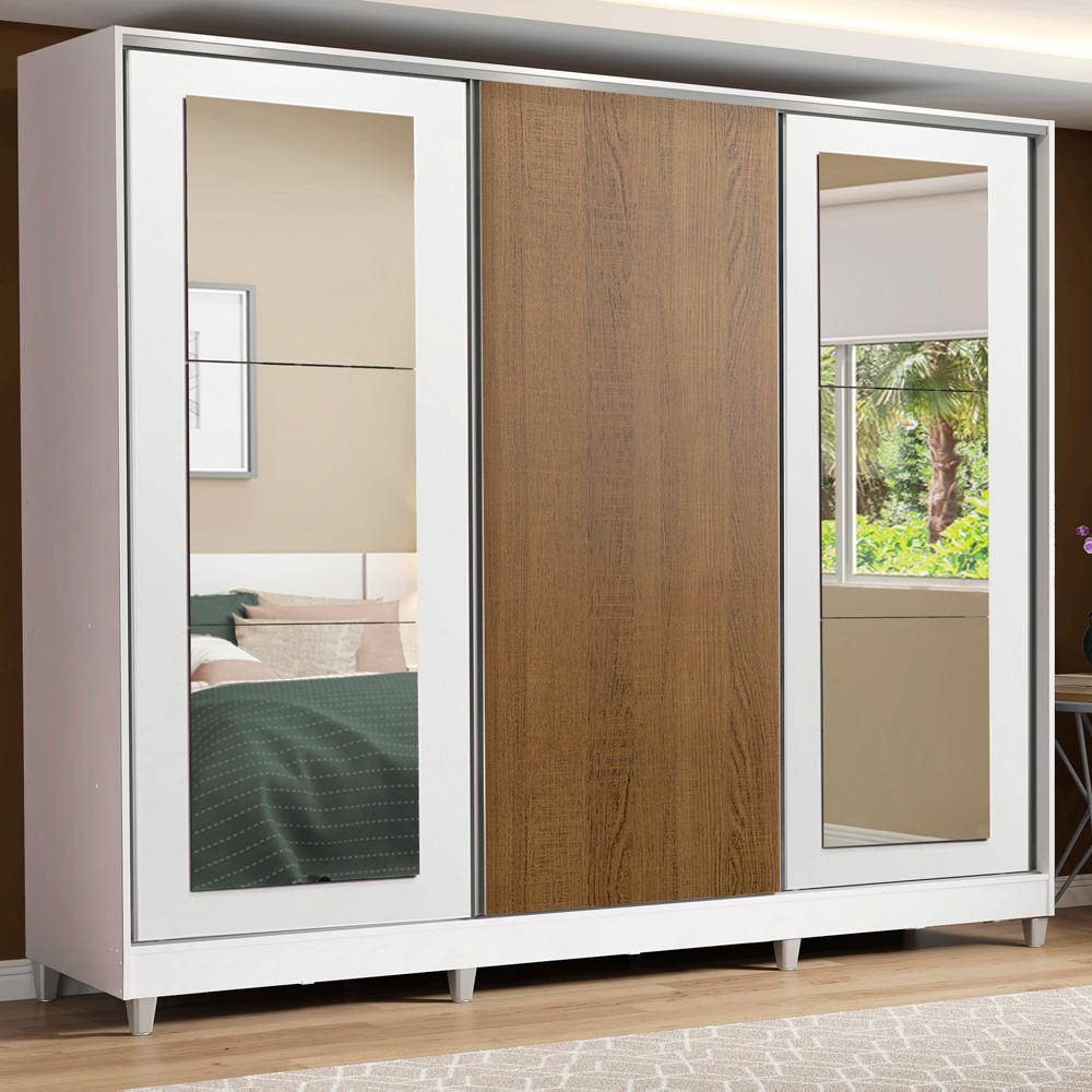 Guarda-Roupa Casal 100% MDF Madesa Eros 3 Portas de Correr com Espelhos com Pés - Branco/Branco/Rustic