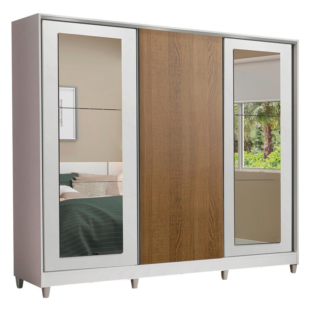 Guarda-Roupa Casal 100% MDF Madesa Eros 3 Portas de Correr com Espelhos com Pés - Branco/Branco/Rustic