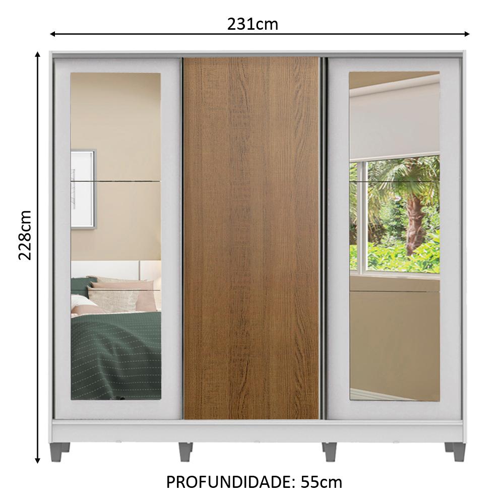 Guarda-Roupa Casal 100% MDF Madesa Eros 3 Portas de Correr com Espelhos com Pés - Branco/Branco/Rustic