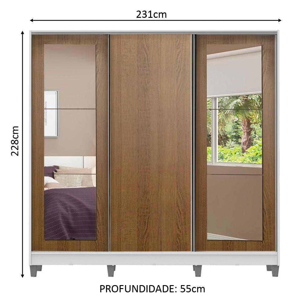 Guarda-Roupa Casal 100% MDF Madesa Eros 3 Portas de Correr com Espelhos com Pés - Branco/Rustic