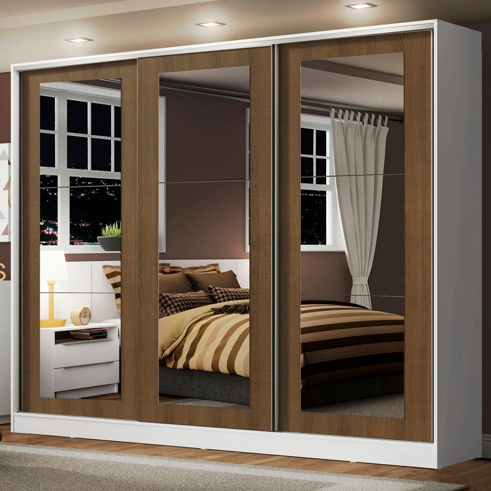 Guarda-Roupa Casal 100% MDF Madesa Eros 3 Portas de Correr de Espelho - Branco/Rustic