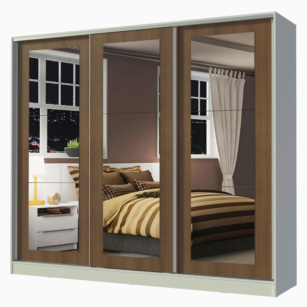Guarda-Roupa Casal 100% MDF Madesa Eros 3 Portas de Correr de Espelho - Branco/Rustic