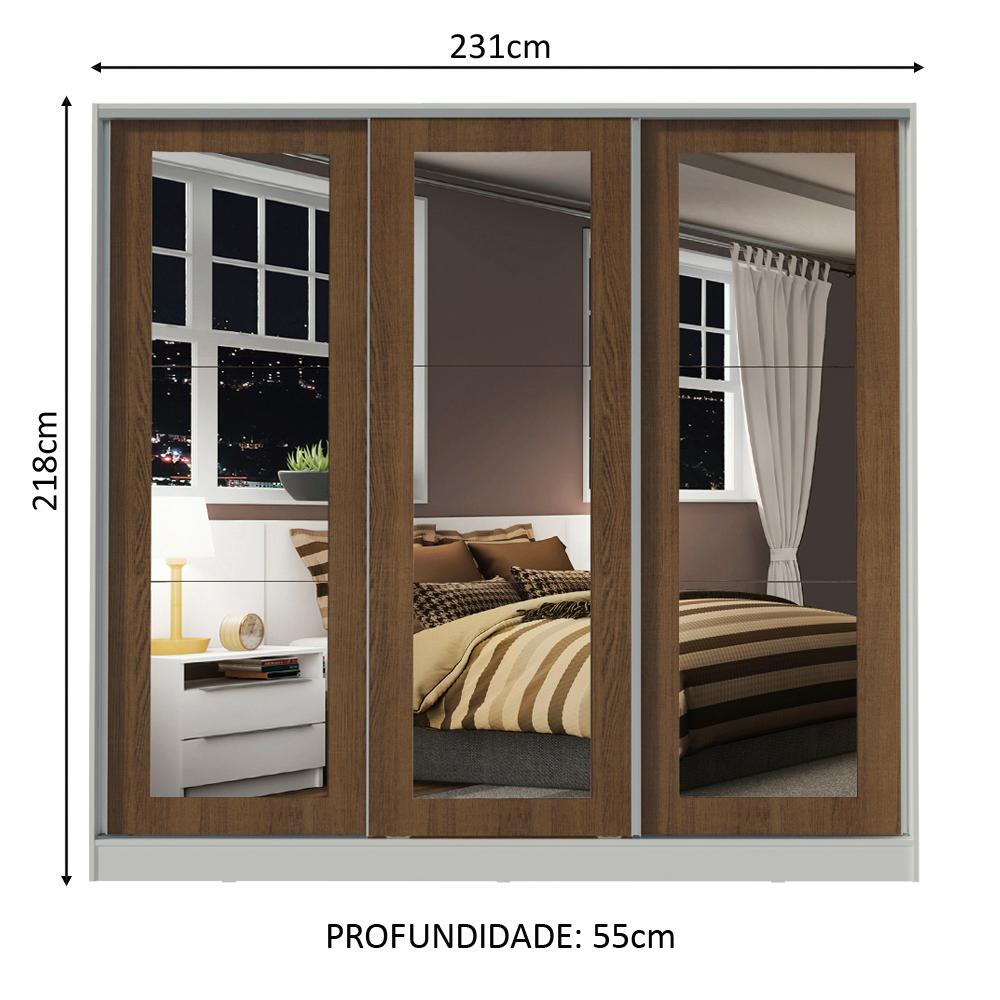 Guarda-Roupa Casal 100% MDF Madesa Eros 3 Portas de Correr de Espelho - Branco/Rustic