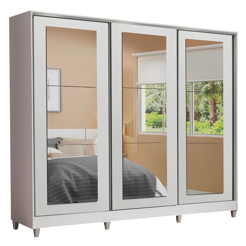 Guarda-Roupa Casal 100% MDF Madesa Eros 3 Portas de Correr de Espelho com Pés - Branco