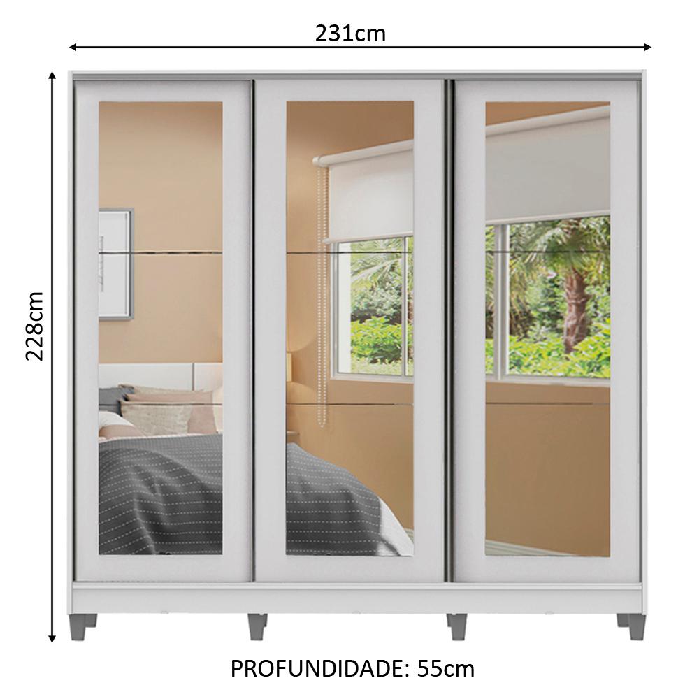 Guarda-Roupa Casal 100% MDF Madesa Eros 3 Portas de Correr de Espelho com Pés - Branco