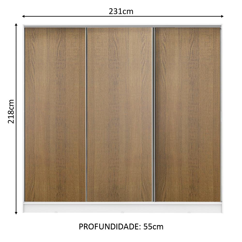Guarda Roupa Casal 100% MDF Madesa Royale 3 Portas de Correr - Branco/Rustic