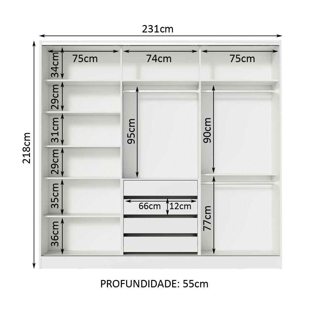 Guarda Roupa Casal 100% MDF Madesa Royale 3 Portas de Correr - Branco/Rustic
