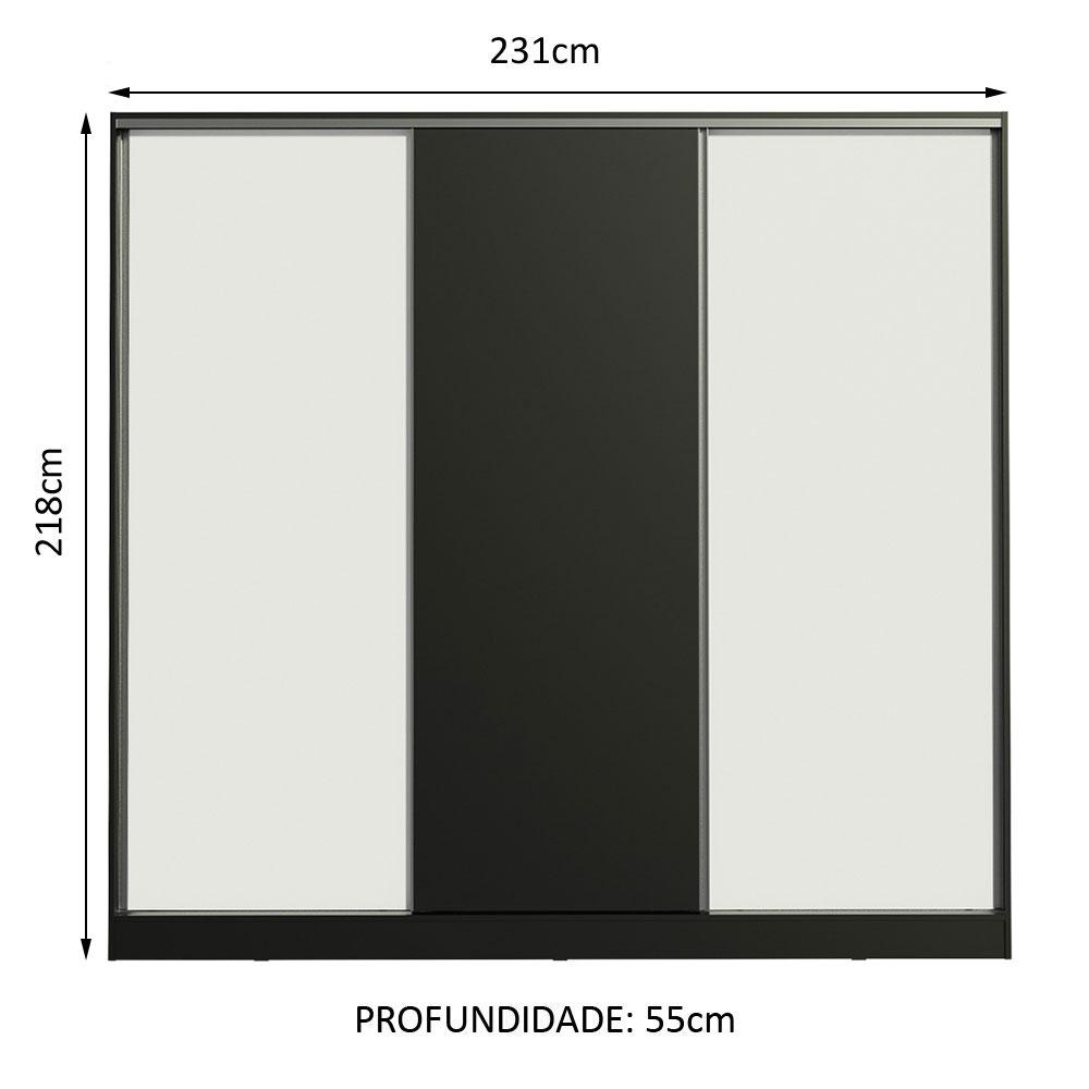 Guarda Roupa Casal 100% MDF Madesa Royale 3 Portas de Correr - Preto/Branco/Preto