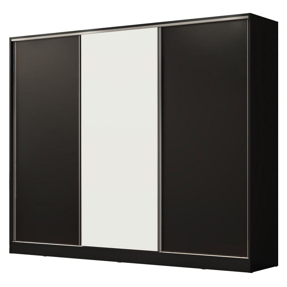 Guarda Roupa Casal 100% MDF Madesa Royale 3 Portas de Correr - Preto/Preto/Branco