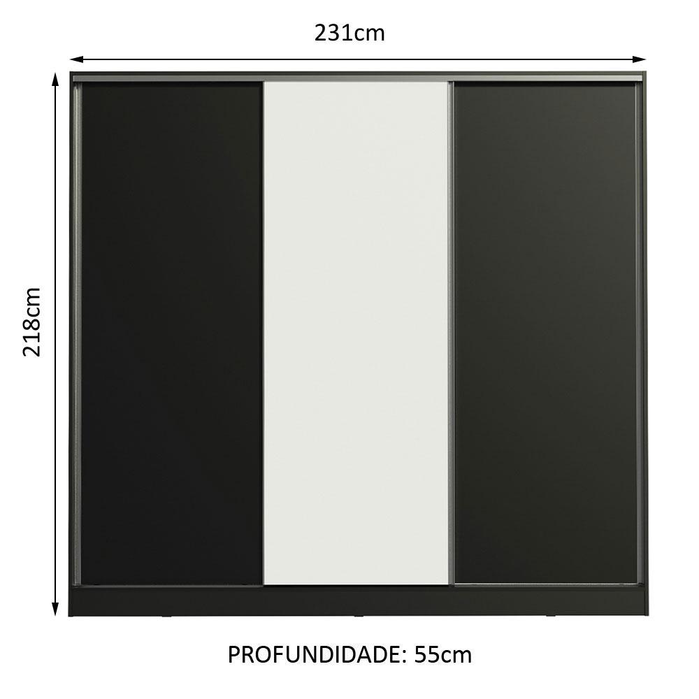 Guarda Roupa Casal 100% MDF Madesa Royale 3 Portas de Correr - Preto/Preto/Branco